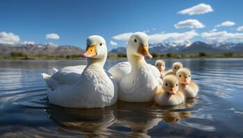 AI generated Cute duckling looking at camera in green meadow by pond generated by AI photo