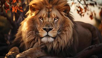 ai generado majestuoso león descansando en el desierto, vigilancia en sus ojos generado por ai foto