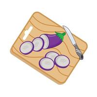 knife in hand slice slice eggplant with in cutting board illustration vector