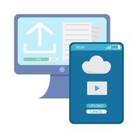 upload file in computer with upload video in mobile phone illustration vector