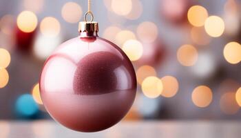 AI generated Glowing Christmas lights illuminate the dark, vibrant ornament decorations generated by AI photo