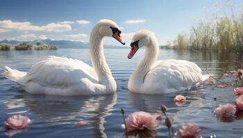 AI generated Mute swans grace pond, reflecting elegance and beauty in nature generated by AI photo