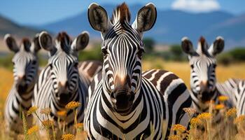AI generated Zebra herd grazing in African savannah, nature striped beauty generated by AI photo