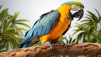 AI generated A vibrant, multi colored macaw perches on a branch in nature generated by AI photo