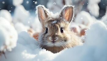 AI generated Cute fluffy rabbit sitting in the snow, looking at camera generated by AI photo