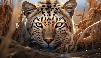 ai generado majestuoso Tigre curioso, belleza en naturaleza, gato montés ocultación en desierto generado por ai foto