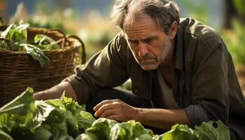 AI generated One man outdoors holding fresh organic vegetables from his garden generated by AI photo