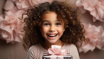 AI generated Smiling child holds gift, cute portrait of happiness and joy generated by AI photo