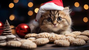 AI generated Cute kitten celebrates winter with small gift under Christmas tree generated by AI photo