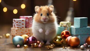 AI generated Cute small mammal, fluffy and playful, sitting near gift box generated by AI photo