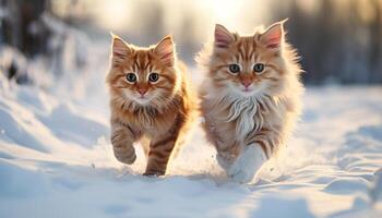 AI generated Cute kitten playing in the snow with fluffy puppy generated by AI photo