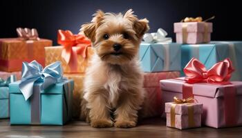 AI generated Cute puppy sitting, looking at camera, wrapped in gift box generated by AI photo