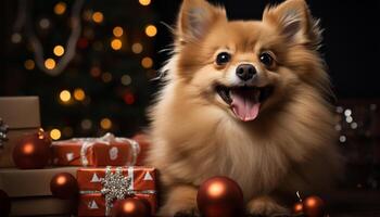 AI generated Cute puppy sitting by Christmas tree, bringing joy and happiness generated by AI photo