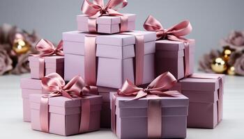 AI generated A stack of wrapped gift boxes, colorful and ornate generated by AI photo