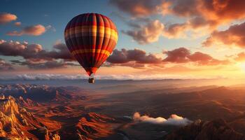 ai generado caliente aire globo volador terminado montaña paisaje, un aventurero viaje generado por ai foto