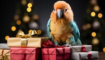 AI generated Cute pets celebrate with a gift box under the tree generated by AI photo