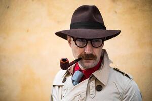 Vintage detective smoking a pipe outdoor in a grungy environment photo