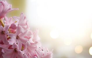 A detailed view of pink hyacinth flowers arranged in a vase, creating a spring-themed background. photo