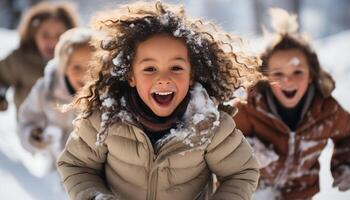 AI generated Smiling child playing outdoors, girls and boys enjoying winter fun generated by AI photo