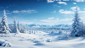 AI generated Winter landscape  snow covered mountains, tranquil forest, and icy freshness generated by AI photo