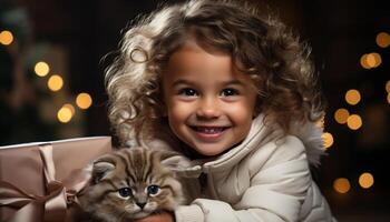 AI generated Smiling child with curly hair holds a playful kitten outdoors generated by AI photo