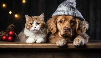 ai generado linda perrito y gatito sentado juntos, mirando a cámara generado por ai foto