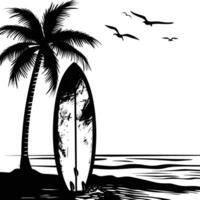 AI generated Silhouette surfing board on the beach black color only vector