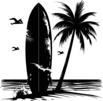 AI generated Silhouette surfing board on the beach black color only vector