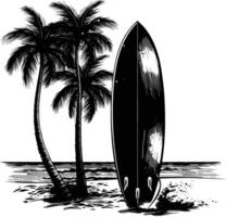 AI generated Silhouette surfing board on the beach black color only vector