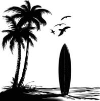 AI generated Silhouette surfing board on the beach black color only vector