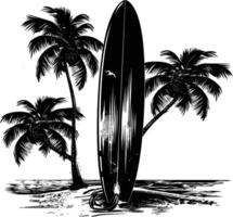 AI generated Silhouette surfing board on the beach black color only vector