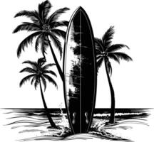 AI generated Silhouette surfing board on the beach black color only vector