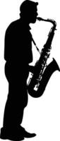 AI generated silhouette saxophonist in perform black color only vector