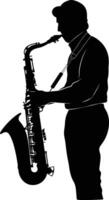 AI generated silhouette saxophonist in perform black color only vector