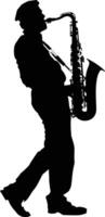 AI generated silhouette saxophonist in perform black color only vector