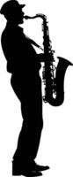 AI generated silhouette saxophonist in perform black color only vector