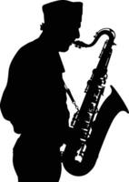 AI generated silhouette saxophonist in perform black color only vector