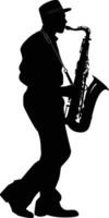 AI generated silhouette saxophonist in perform black color only vector