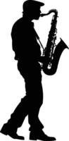 AI generated silhouette saxophonist in perform black color only vector