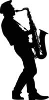 AI generated silhouette saxophonist in perform black color only vector