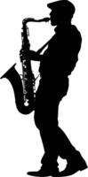 AI generated silhouette saxophonist in perform black color only vector