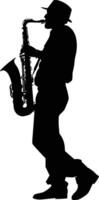 AI generated silhouette saxophonist in perform black color only vector