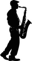 AI generated silhouette saxophonist in perform black color only vector