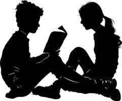 ai generado silueta adolescente niña y chico leyendo libro juntos negro color solamente vector