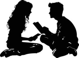 AI generated Silhouette teenager girl and boy reading book together black color only vector