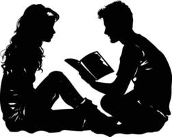 AI generated Silhouette teenager girl and boy reading book together black color only vector