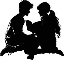 AI generated Silhouette teenager girl and boy reading book together black color only vector