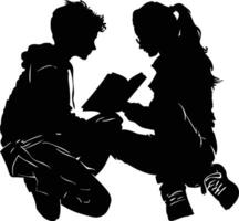 AI generated Silhouette teenager girl and boy reading book together black color only vector