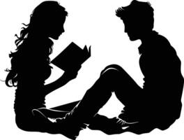 ai generado silueta adolescente niña y chico leyendo libro juntos negro color solamente vector