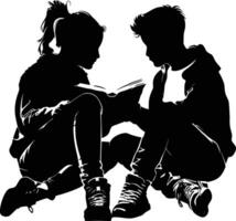 AI generated Silhouette teenager girl and boy reading book together black color only vector